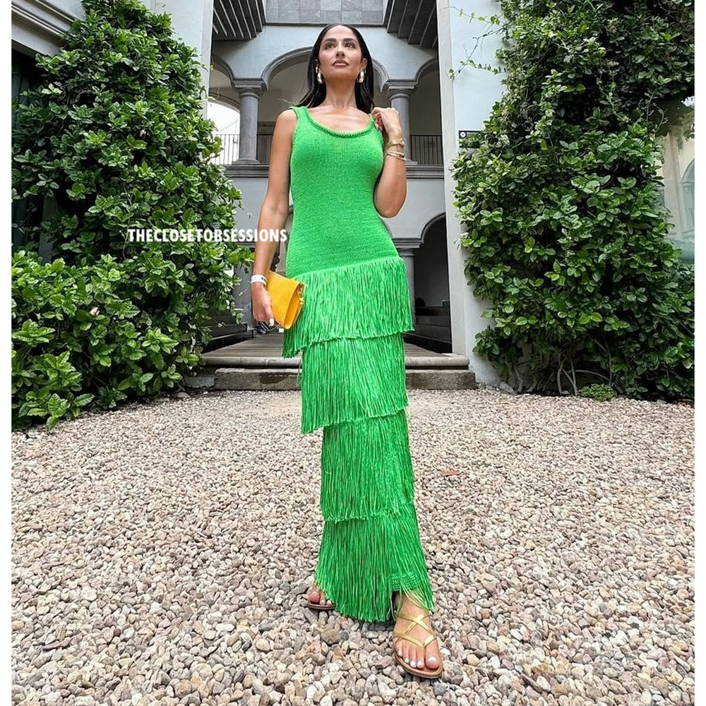 Mango Bright Green Tiered Fringe Maxi Dress - Picture 13 of 16